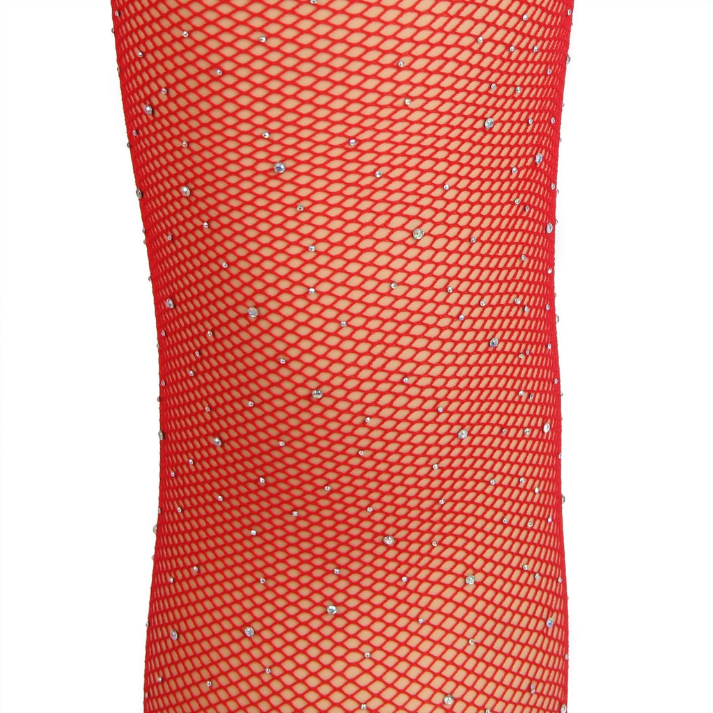Red Nylon Spandex Rhinestone Pantyhose – Wide Elastic Waistband & Four - Way Open - Crotch Design - TeaseFashion