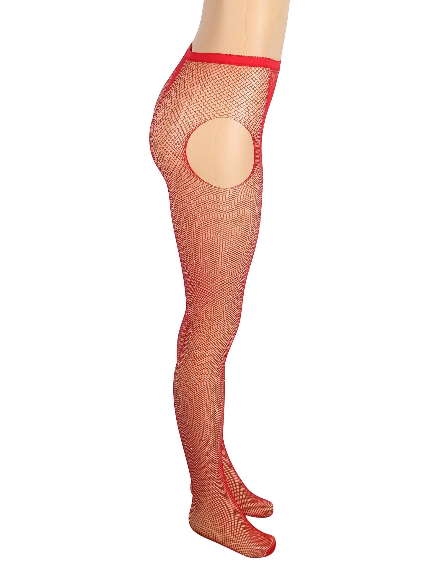 Red Nylon Spandex Rhinestone Pantyhose – Wide Elastic Waistband & Four - Way Open - Crotch Design - TeaseFashion