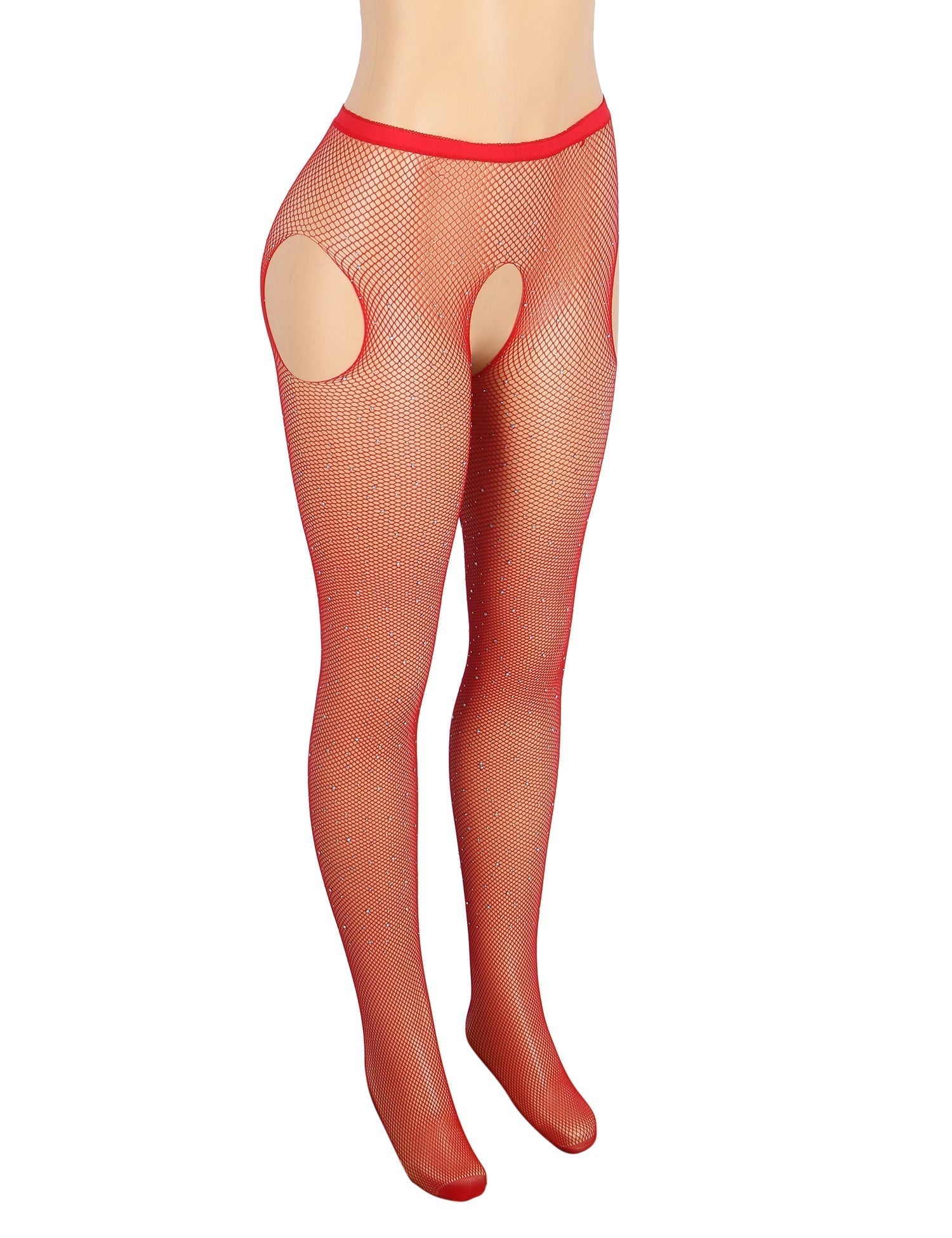 Red Nylon Spandex Rhinestone Pantyhose – Wide Elastic Waistband & Four - Way Open - Crotch Design - TeaseFashion