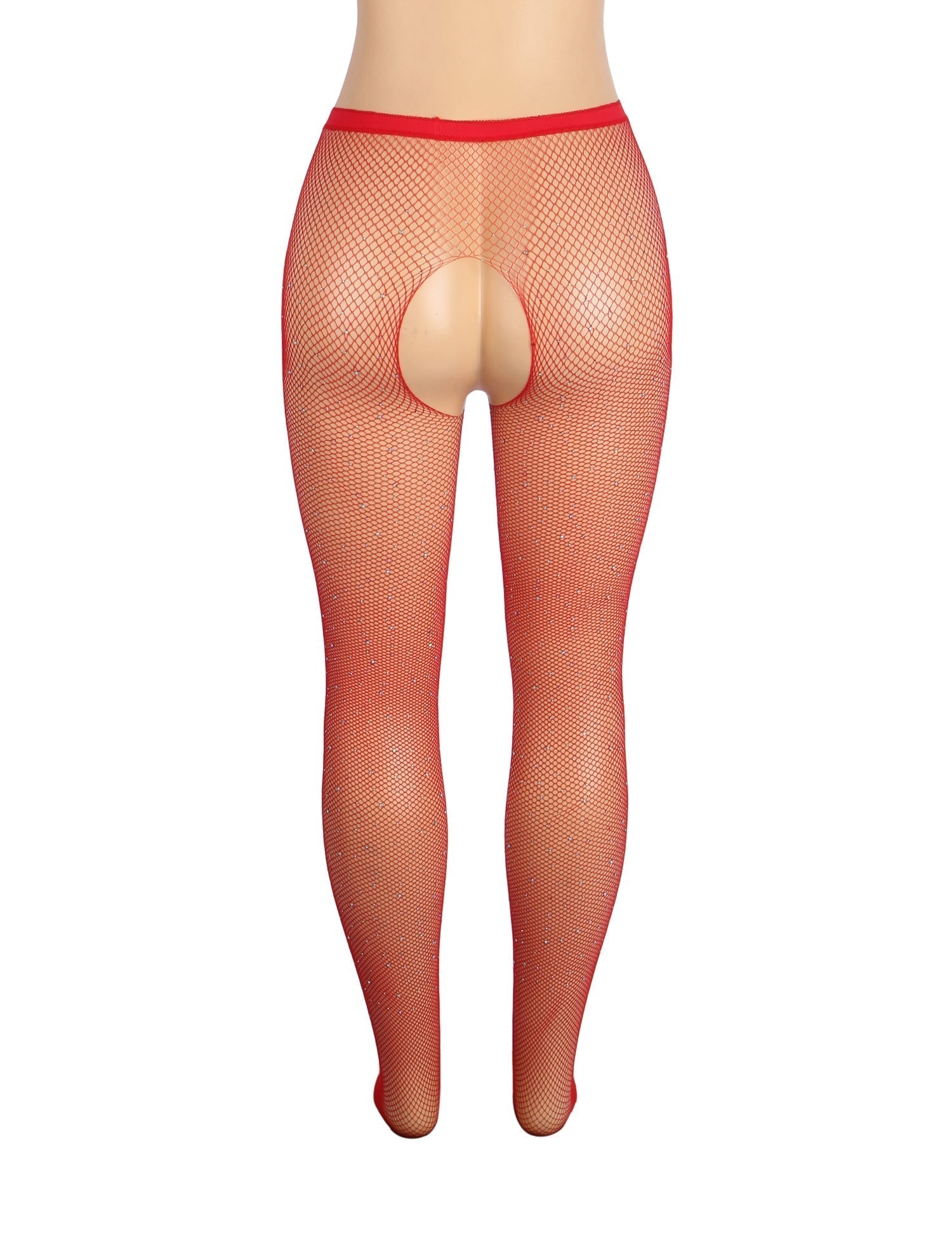 Red Nylon Spandex Rhinestone Pantyhose – Wide Elastic Waistband & Four - Way Open - Crotch Design - TeaseFashion