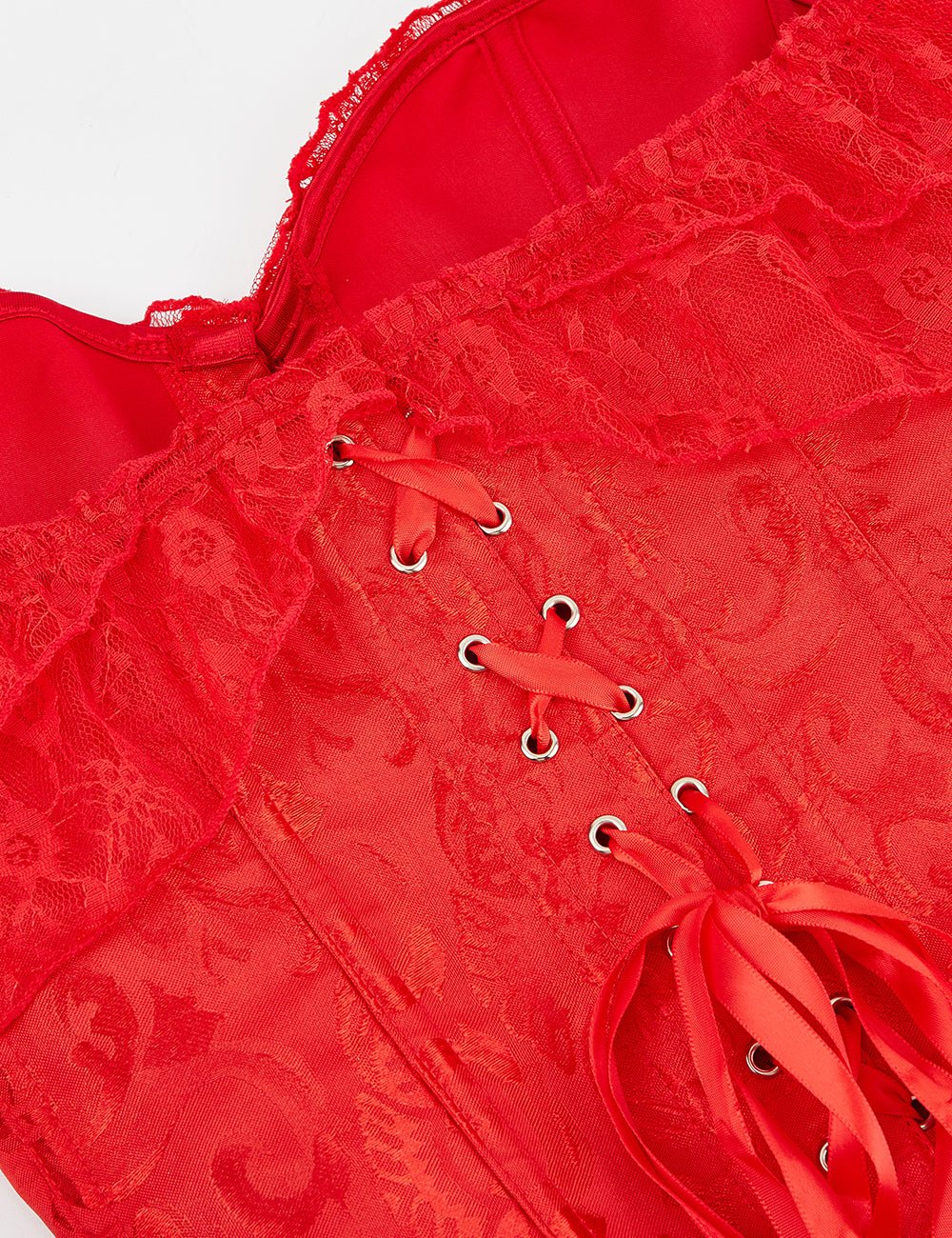 Red off Shoulder 12 Pieces Plastic Bones Lace Corsets with Panties - TeaseFashion