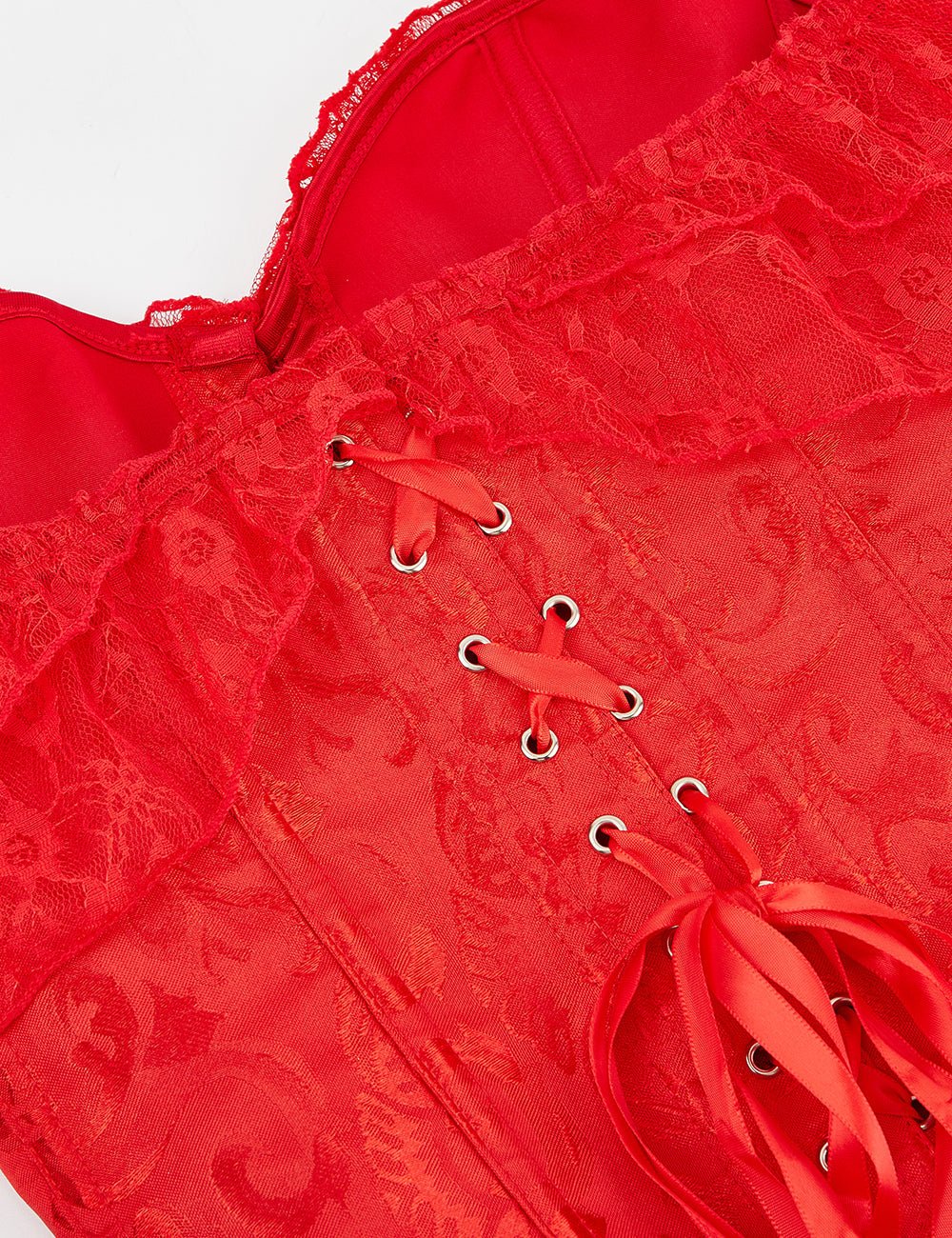 Red One - Shoulder Lace Corset – 12 Soft Bones, Busk Closure & Panties - TeaseFashion