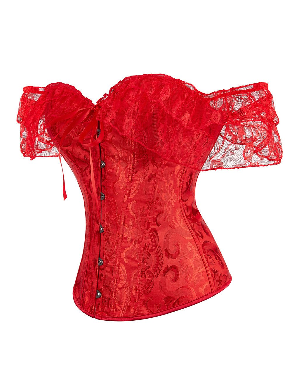 Red One - Shoulder Lace Corset – 12 Soft Bones, Busk Closure & Panties - TeaseFashion