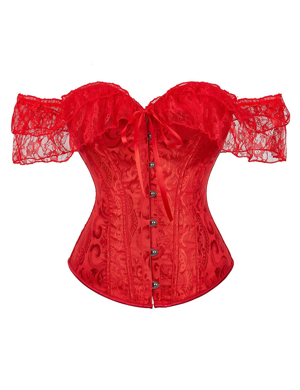 Red One - Shoulder Lace Corset – 12 Soft Bones, Busk Closure & Panties - TeaseFashion