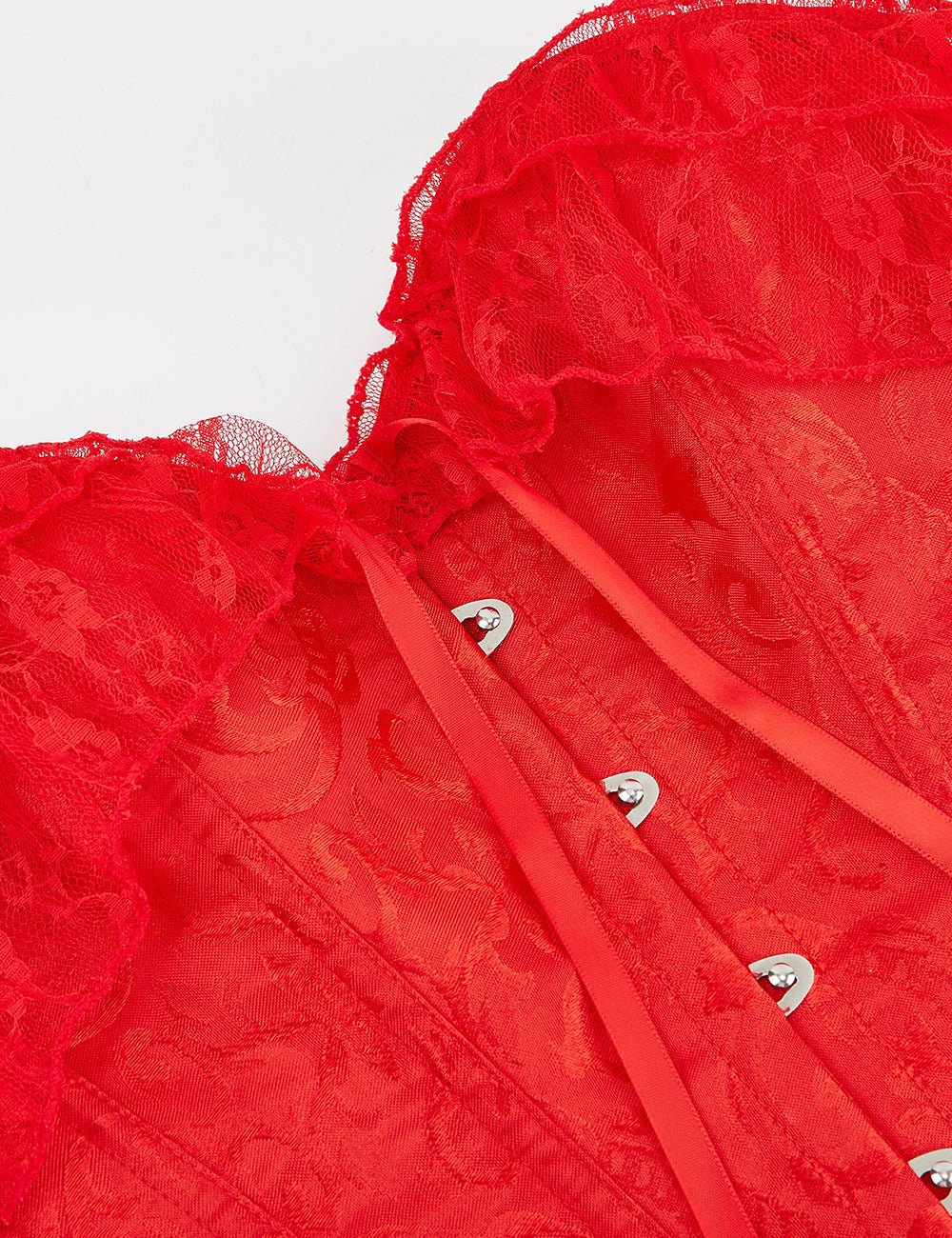 Red One - Shoulder Lace Corset – 12 Soft Bones, Busk Closure & Panties - TeaseFashion