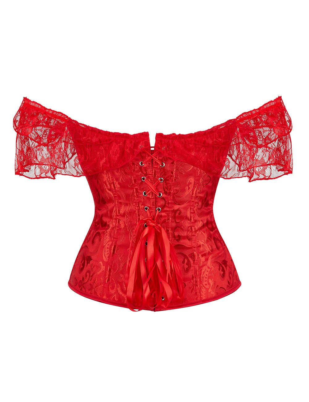 Red One - Shoulder Lace Corset – 12 Soft Bones, Busk Closure & Panties - TeaseFashion