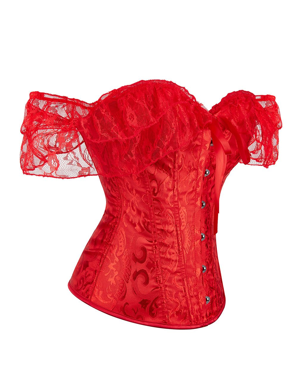 Red One - Shoulder Lace Corset – 12 Soft Bones, Busk Closure & Panties - TeaseFashion