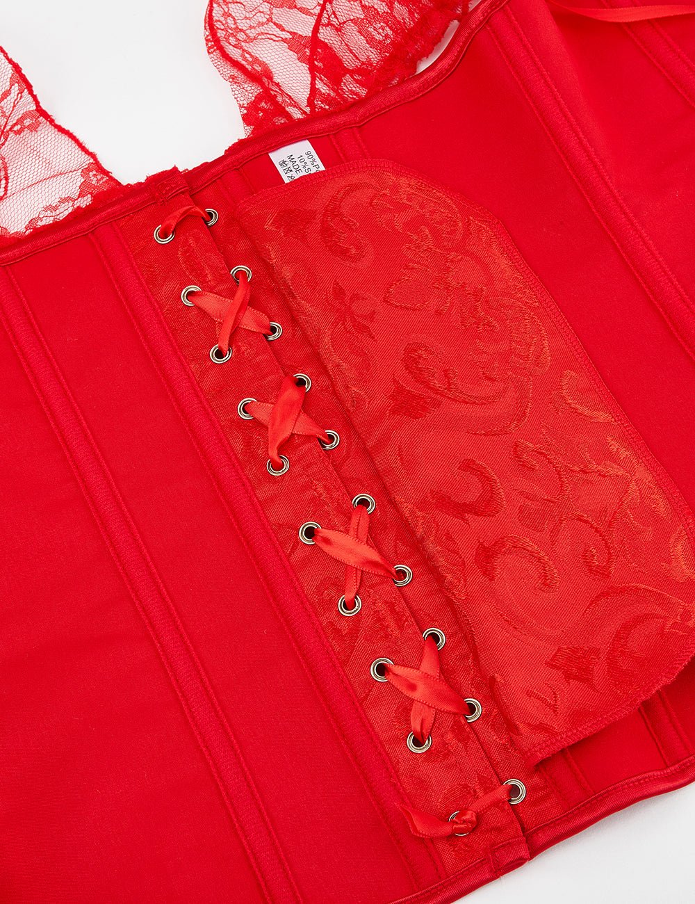 Red One - Shoulder Lace Corset – 12 Soft Bones, Busk Closure & Panties - TeaseFashion