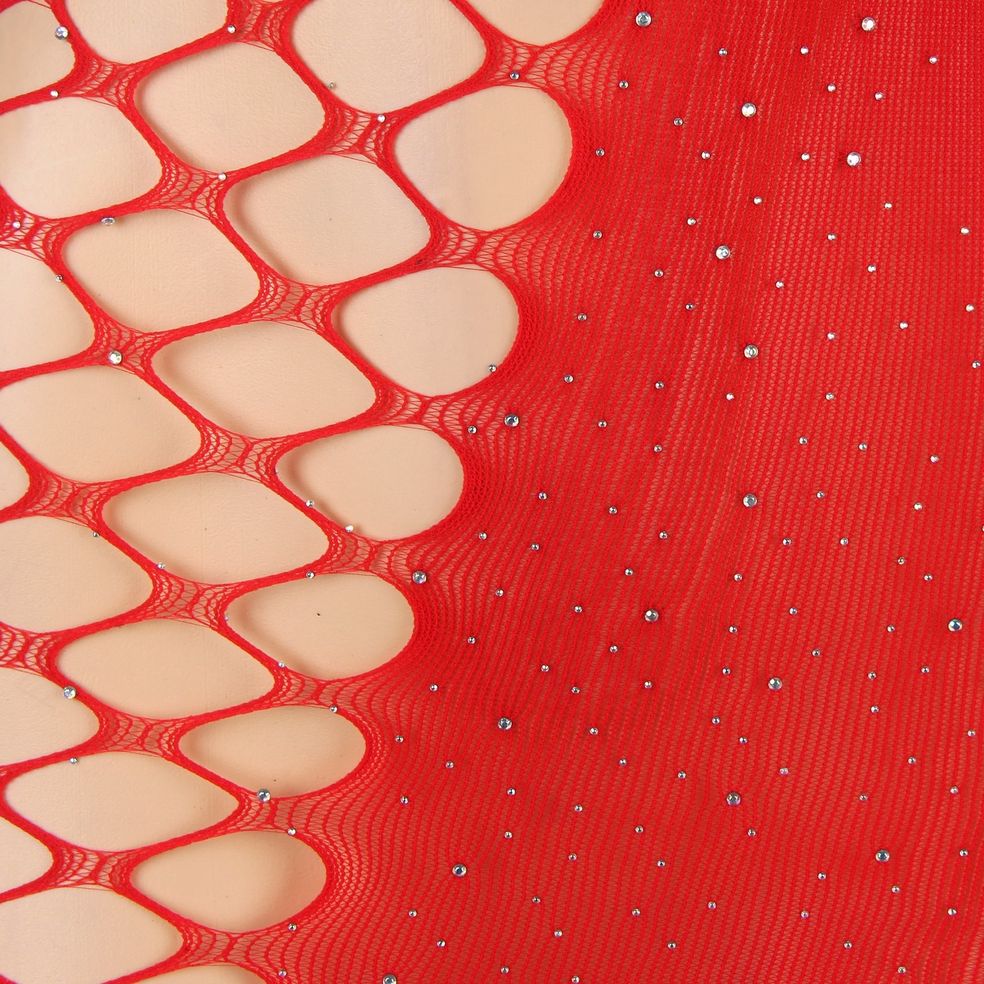 Red One - Shoulder Side - Mesh Rhinestone Bodysuit - TeaseFashion
