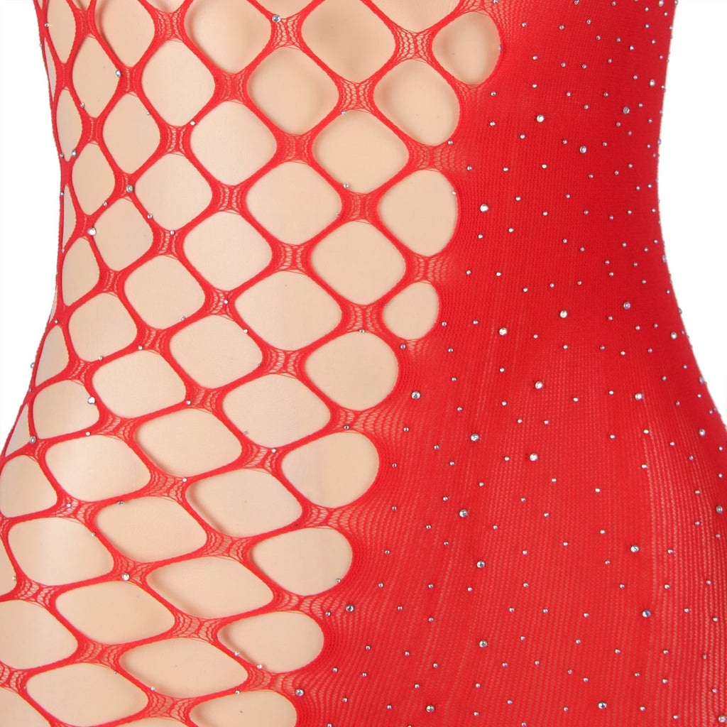 Red One - Shoulder Side - Mesh Rhinestone Bodysuit - TeaseFashion