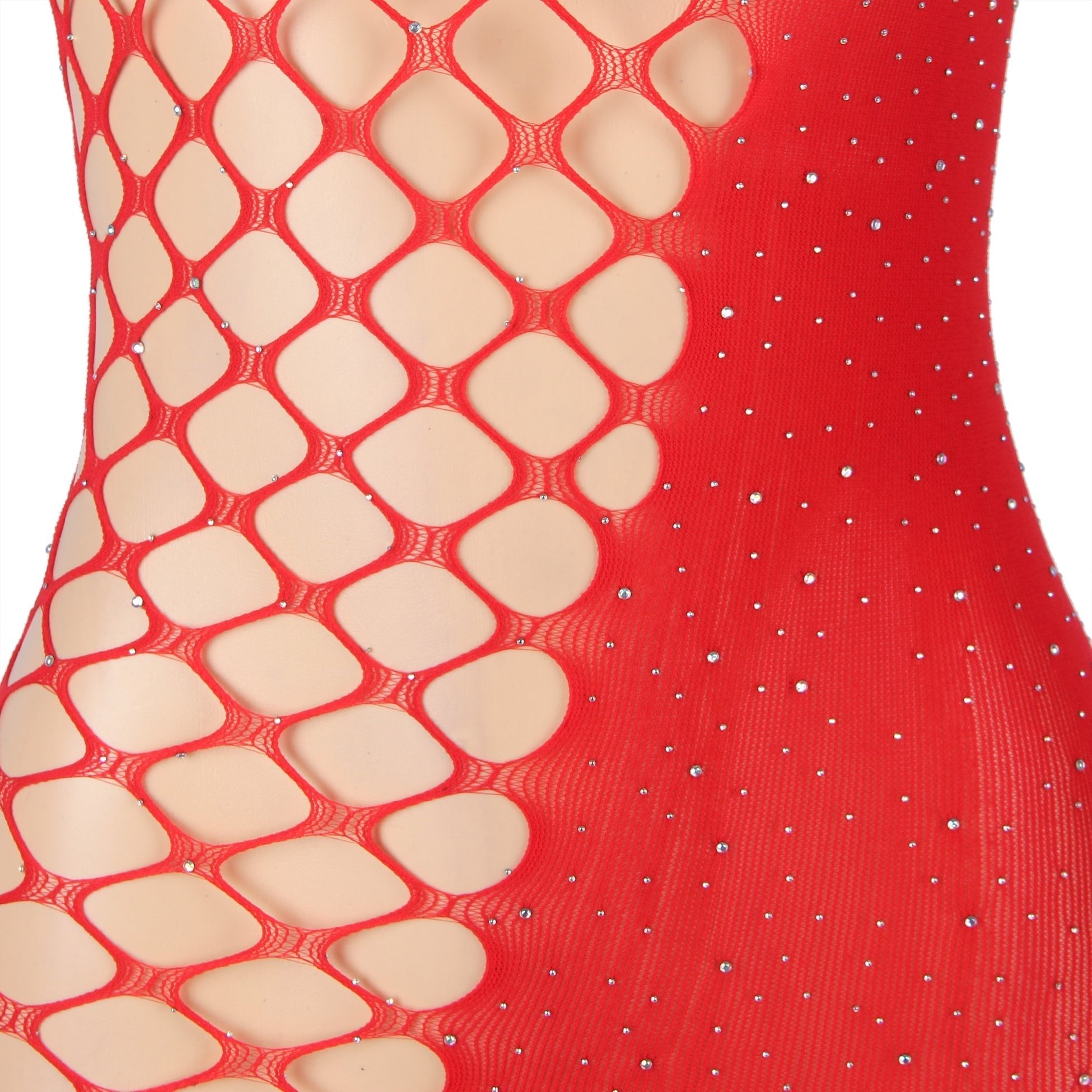 Red One - Shoulder Side - Mesh Rhinestone Bodysuit - TeaseFashion
