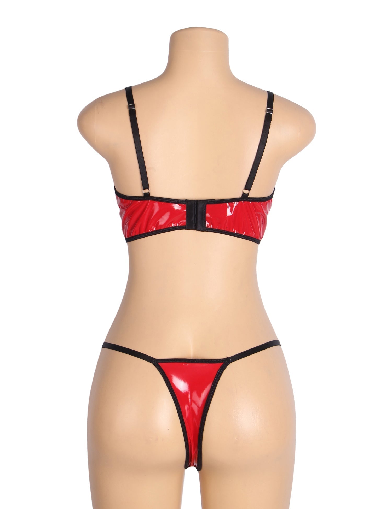 Red Patent Leather & Mesh Bra Set – Zipper & Metal Ring Detail - TeaseFashion