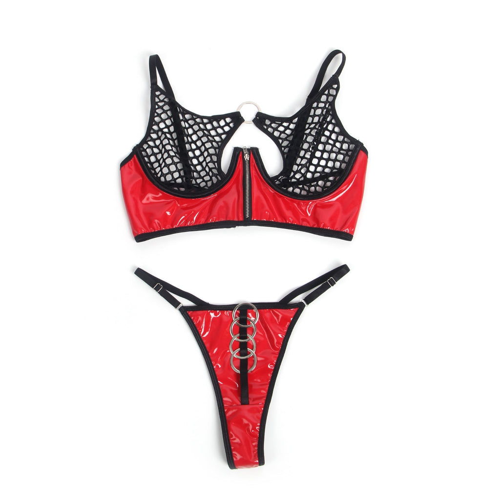 Red Patent Leather & Mesh Bra Set – Zipper & Metal Ring Detail - TeaseFashion