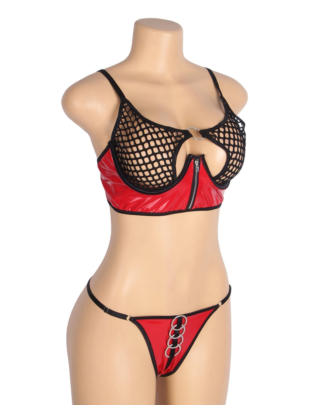 Red Patent Leather & Mesh Bra Set – Zipper & Metal Ring Detail - TeaseFashion