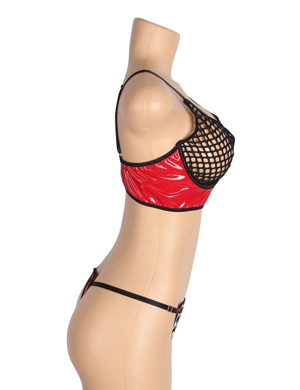 Red Patent Leather & Mesh Bra Set – Zipper & Metal Ring Detail - TeaseFashion
