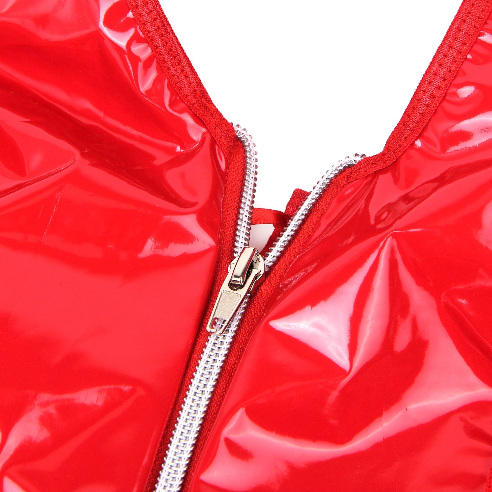 Red Patent Mirror Leather Halter Garter Dress – Lace Waist Splicing, Bust & Back Cut - Outs, Front Zipper & Ruffled Skirt - TeaseFashion