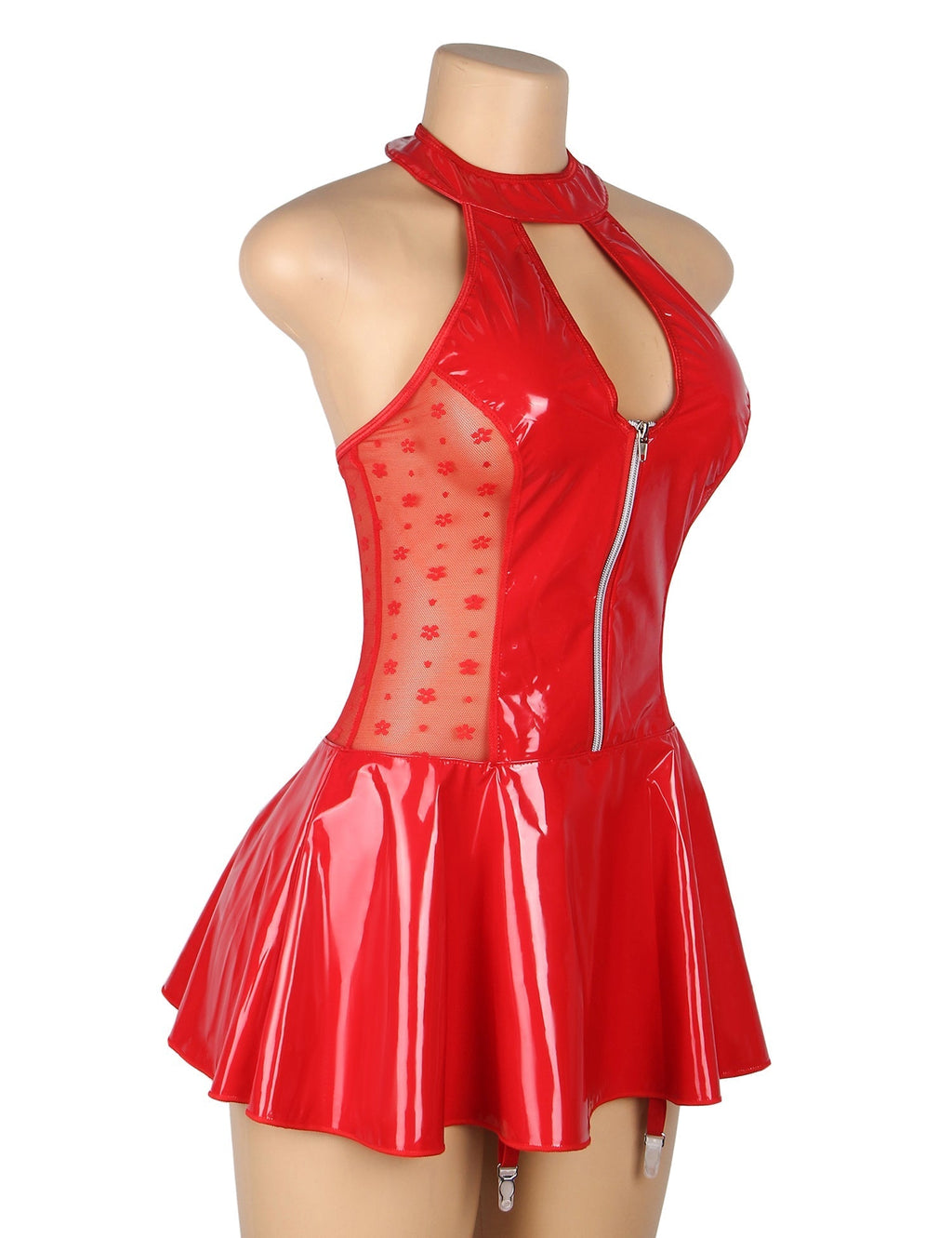 Red Patent Mirror Leather Halter Garter Dress – Lace Waist Splicing, Bust & Back Cut - Outs, Front Zipper & Ruffled Skirt - TeaseFashion