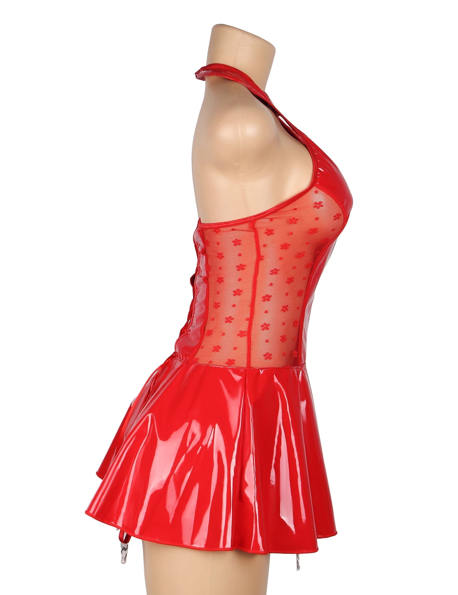 Red Patent Mirror Leather Halter Garter Dress – Lace Waist Splicing, Bust & Back Cut - Outs, Front Zipper & Ruffled Skirt - TeaseFashion