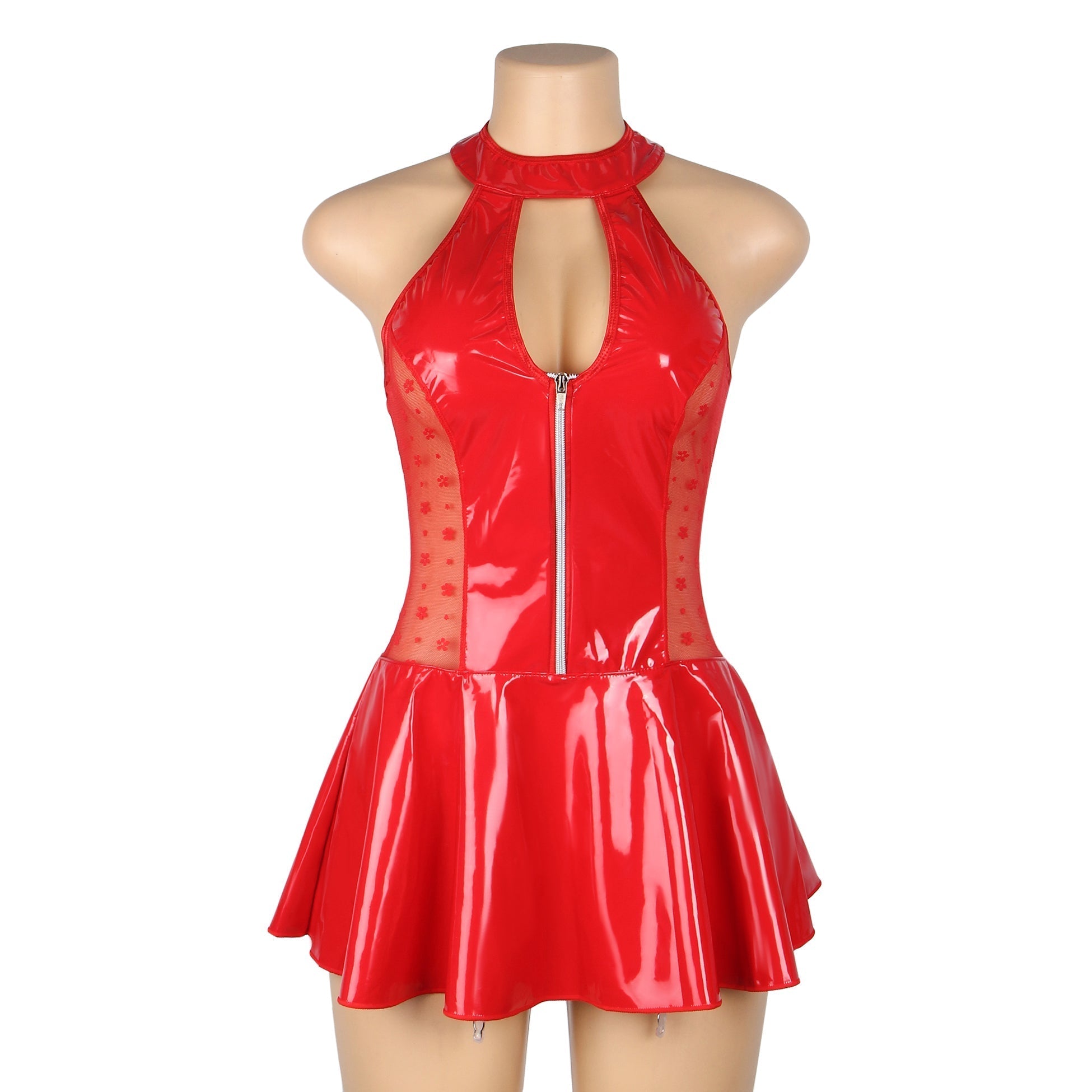 Red Patent Mirror Leather Halter Garter Dress – Lace Waist Splicing, Bust & Back Cut - Outs, Front Zipper & Ruffled Skirt - TeaseFashion