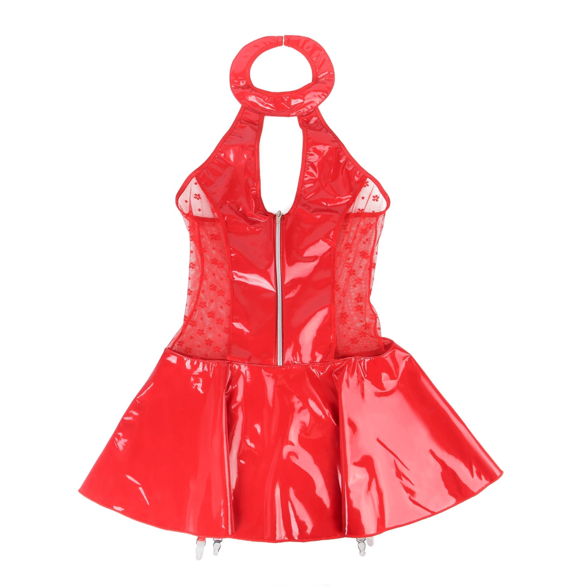 Red Patent Mirror Leather Halter Garter Dress – Lace Waist Splicing, Bust & Back Cut - Outs, Front Zipper & Ruffled Skirt - TeaseFashion