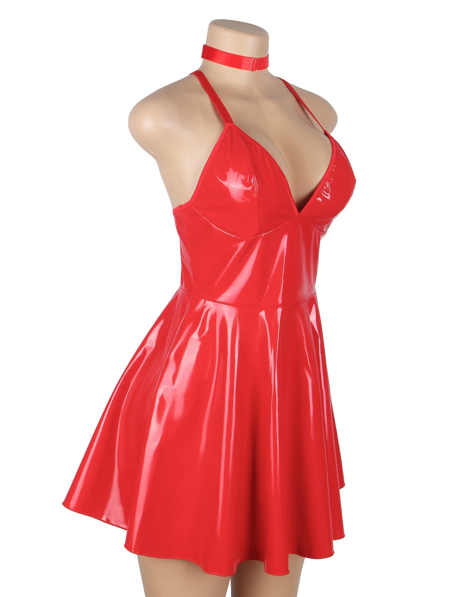 Red Patent Mirror Leather Halter Nightdress – Deep V - Neck, Backless Cut - Out, Button Back & Removable Neck Ring - TeaseFashion