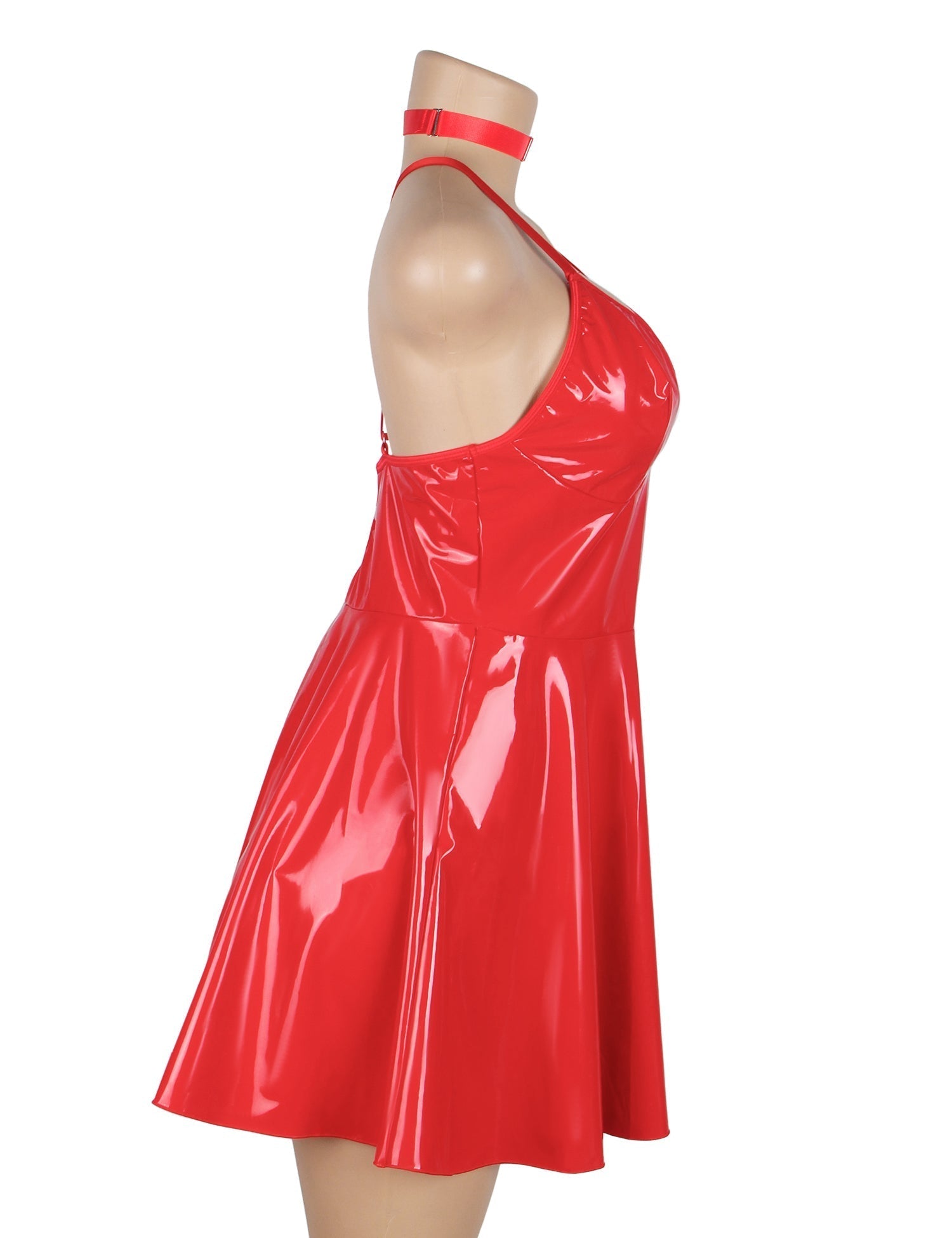 Red Patent Mirror Leather Halter Nightdress – Deep V - Neck, Backless Cut - Out, Button Back & Removable Neck Ring - TeaseFashion