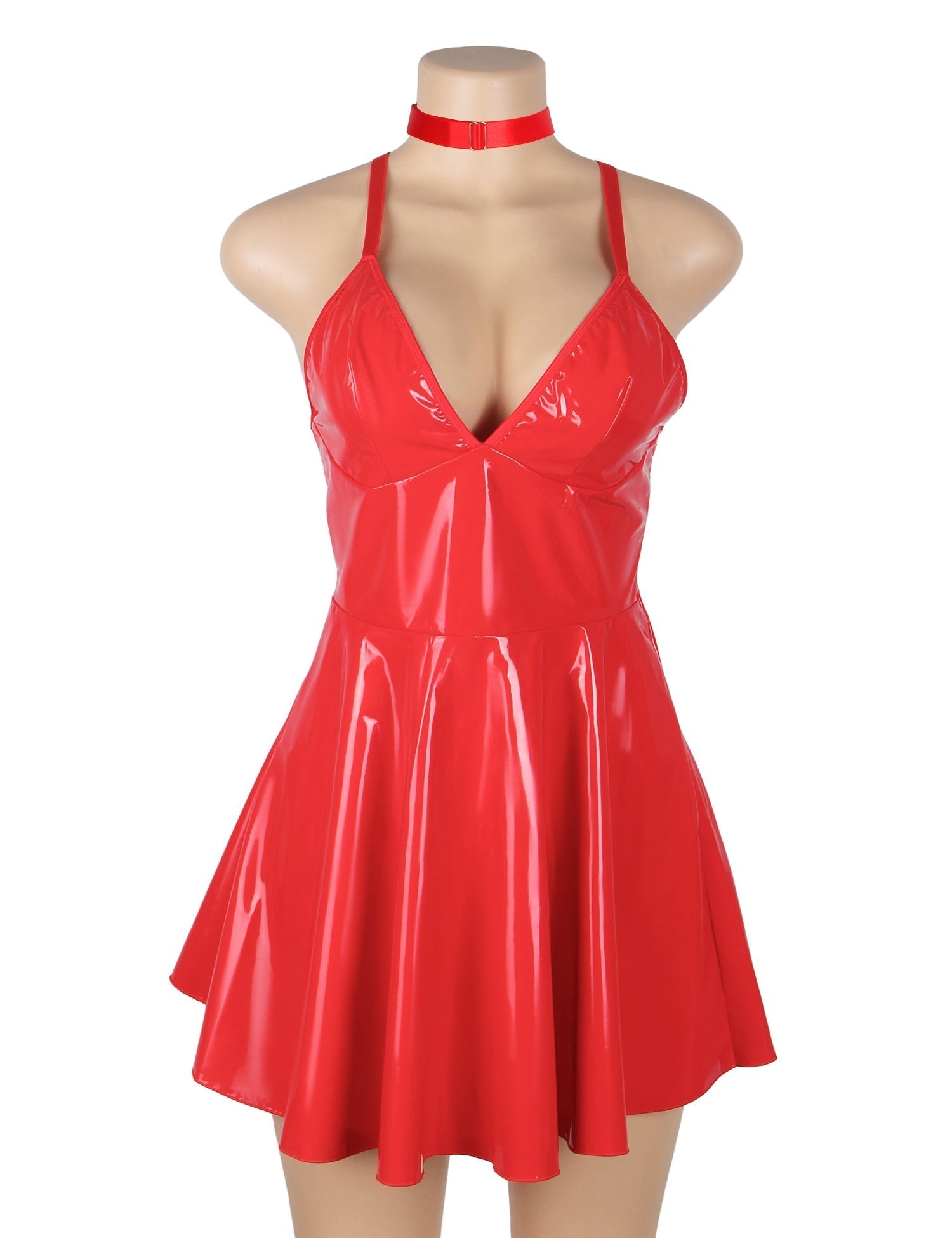 Red Patent Mirror Leather Halter Nightdress – Deep V - Neck, Backless Cut - Out, Button Back & Removable Neck Ring - TeaseFashion