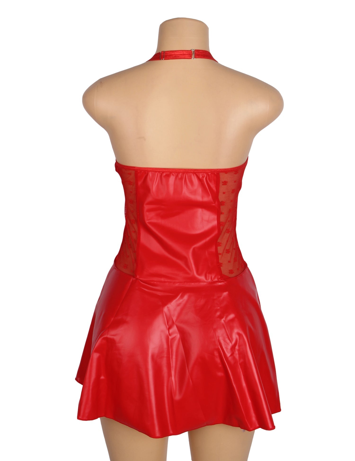 Red PU Leather Deep V - Neck Halter Garter Dress – Lace Mesh Side Splicing, Front Zipper, Ruffled Skirt & Four Suspender Straps - TeaseFashion