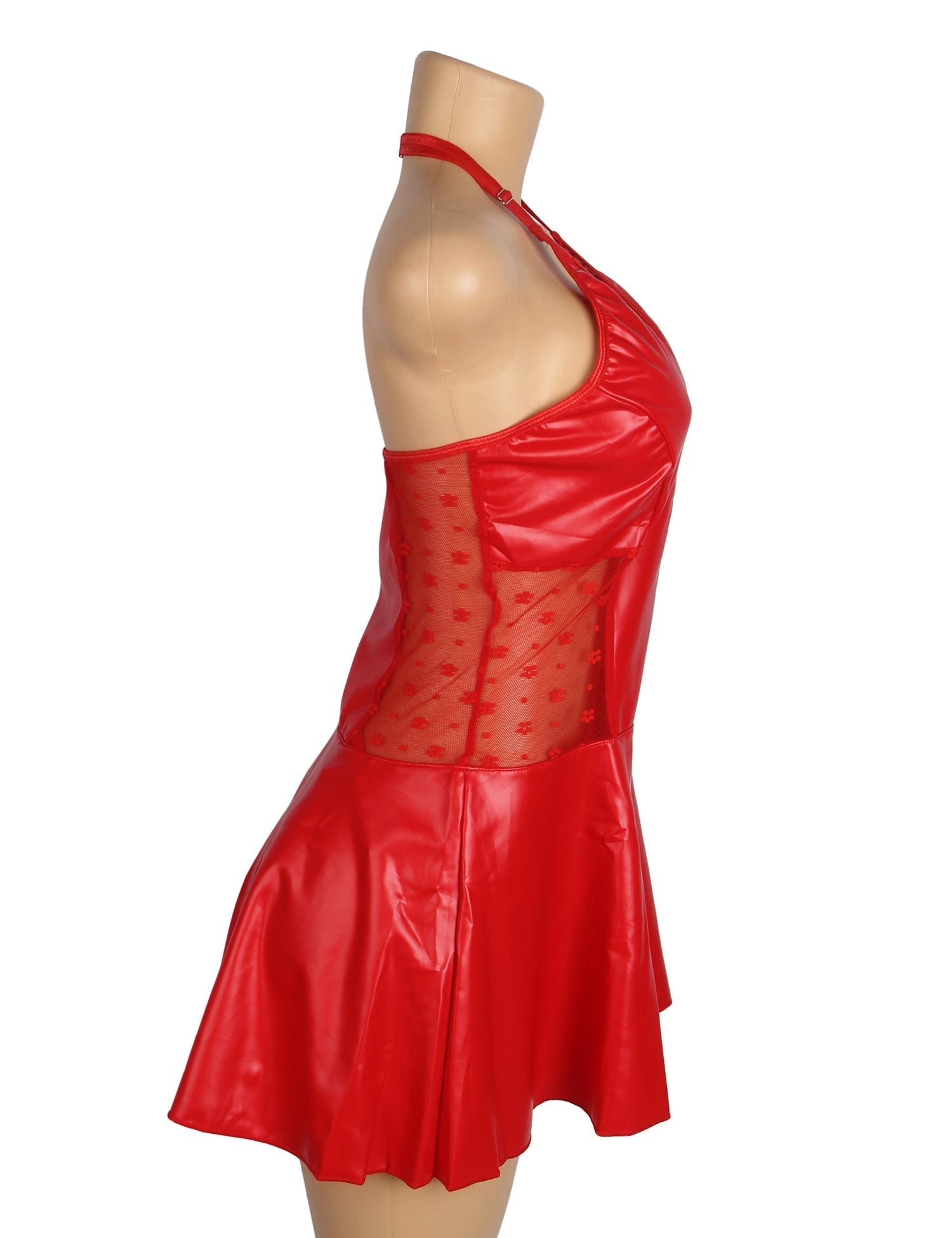 Red PU Leather Deep V - Neck Halter Garter Dress – Lace Mesh Side Splicing, Front Zipper, Ruffled Skirt & Four Suspender Straps - TeaseFashion