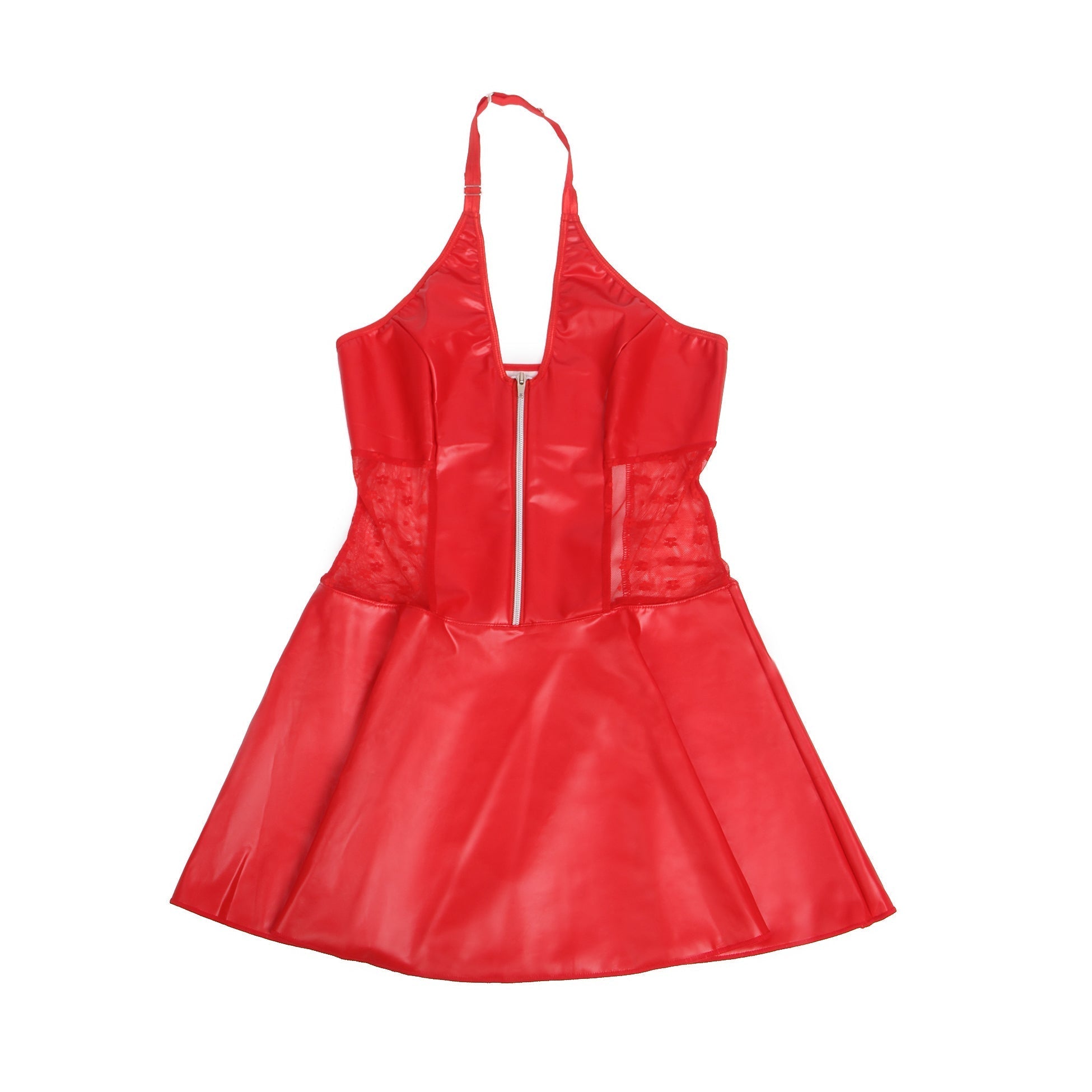 Red PU Leather Deep V - Neck Halter Garter Dress – Lace Mesh Side Splicing, Front Zipper, Ruffled Skirt & Four Suspender Straps - TeaseFashion