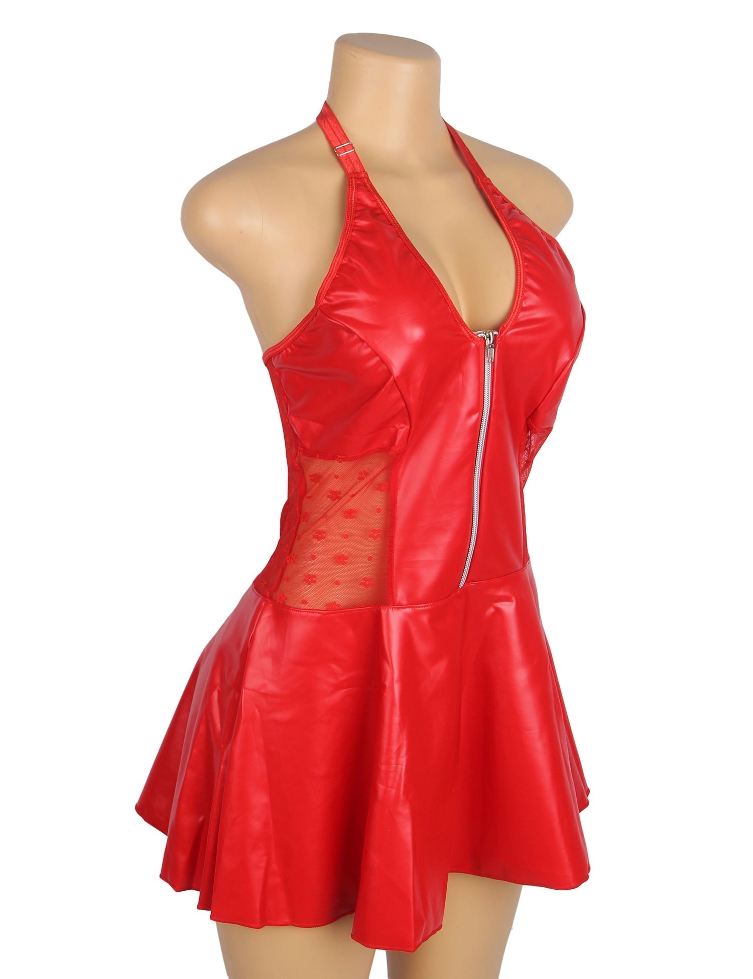 Red PU Leather Deep V - Neck Halter Garter Dress – Lace Mesh Side Splicing, Front Zipper, Ruffled Skirt & Four Suspender Straps - TeaseFashion