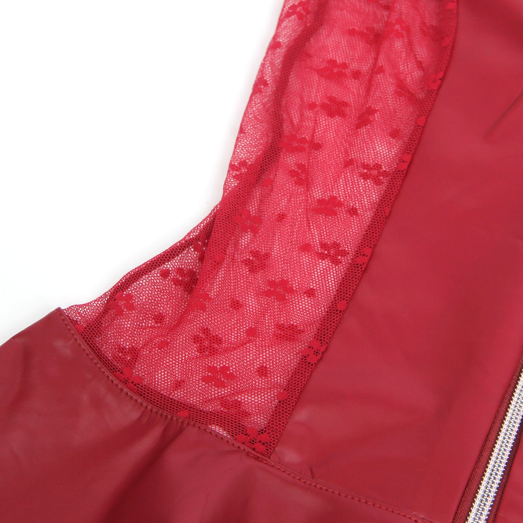 Red PU Leather Halter Garter Dress – Lace Mesh Waist Splicing, Front Zipper, Criss - Cross Ribbon Back & Ruffled Skirt - TeaseFashion
