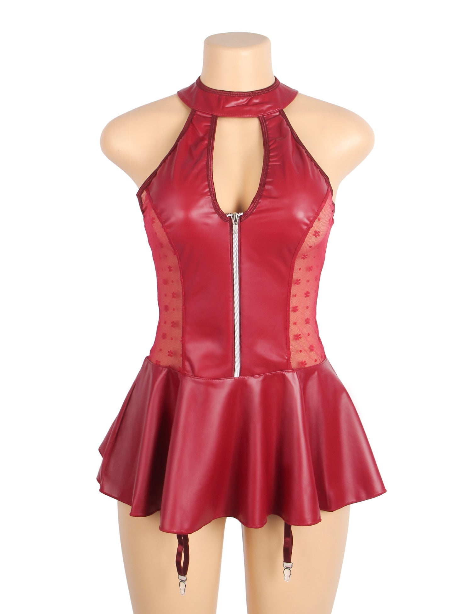 Red PU Leather Halter Garter Dress – Lace Mesh Waist Splicing, Front Zipper, Criss - Cross Ribbon Back & Ruffled Skirt - TeaseFashion