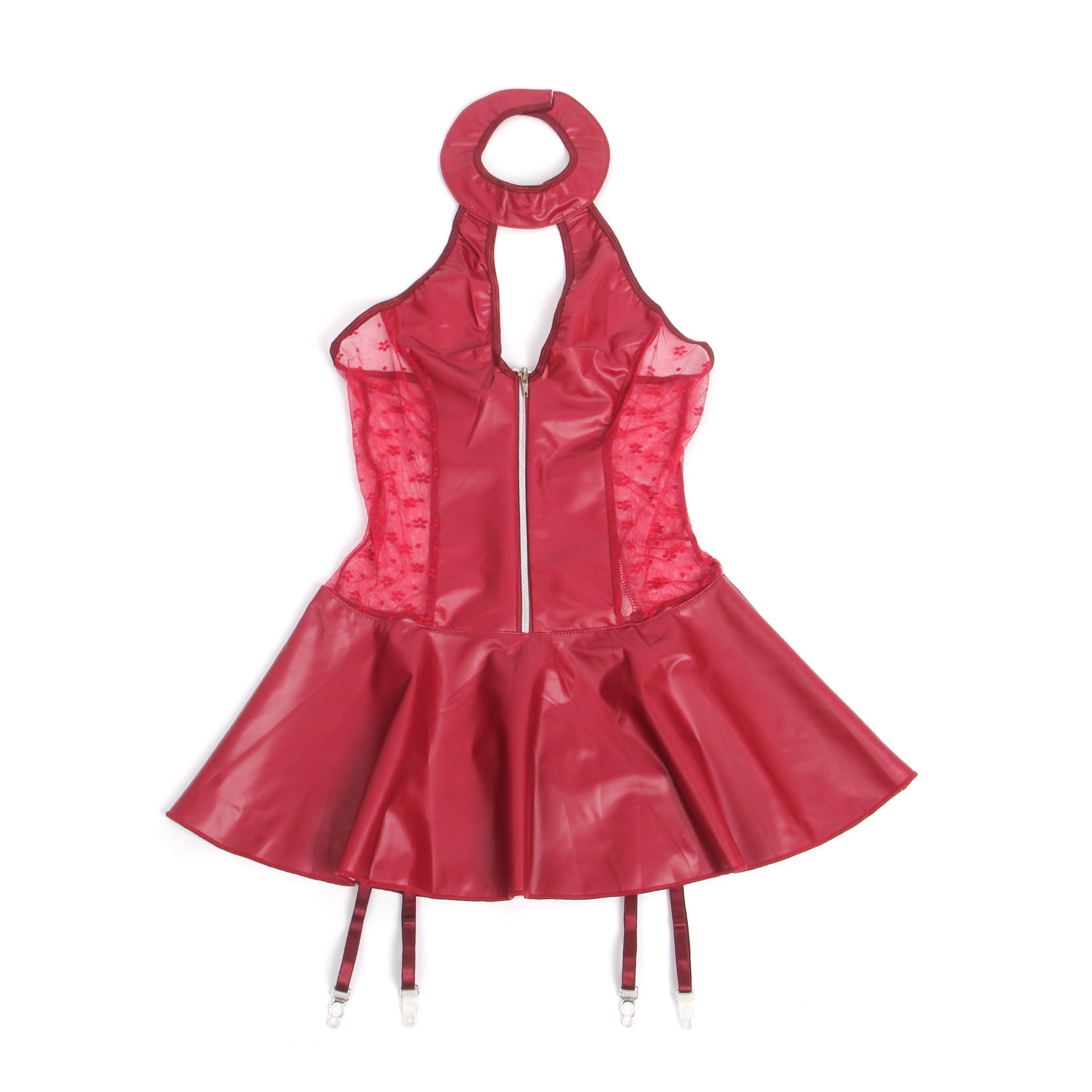 Red PU Leather Halter Garter Dress – Lace Mesh Waist Splicing, Front Zipper, Criss - Cross Ribbon Back & Ruffled Skirt - TeaseFashion