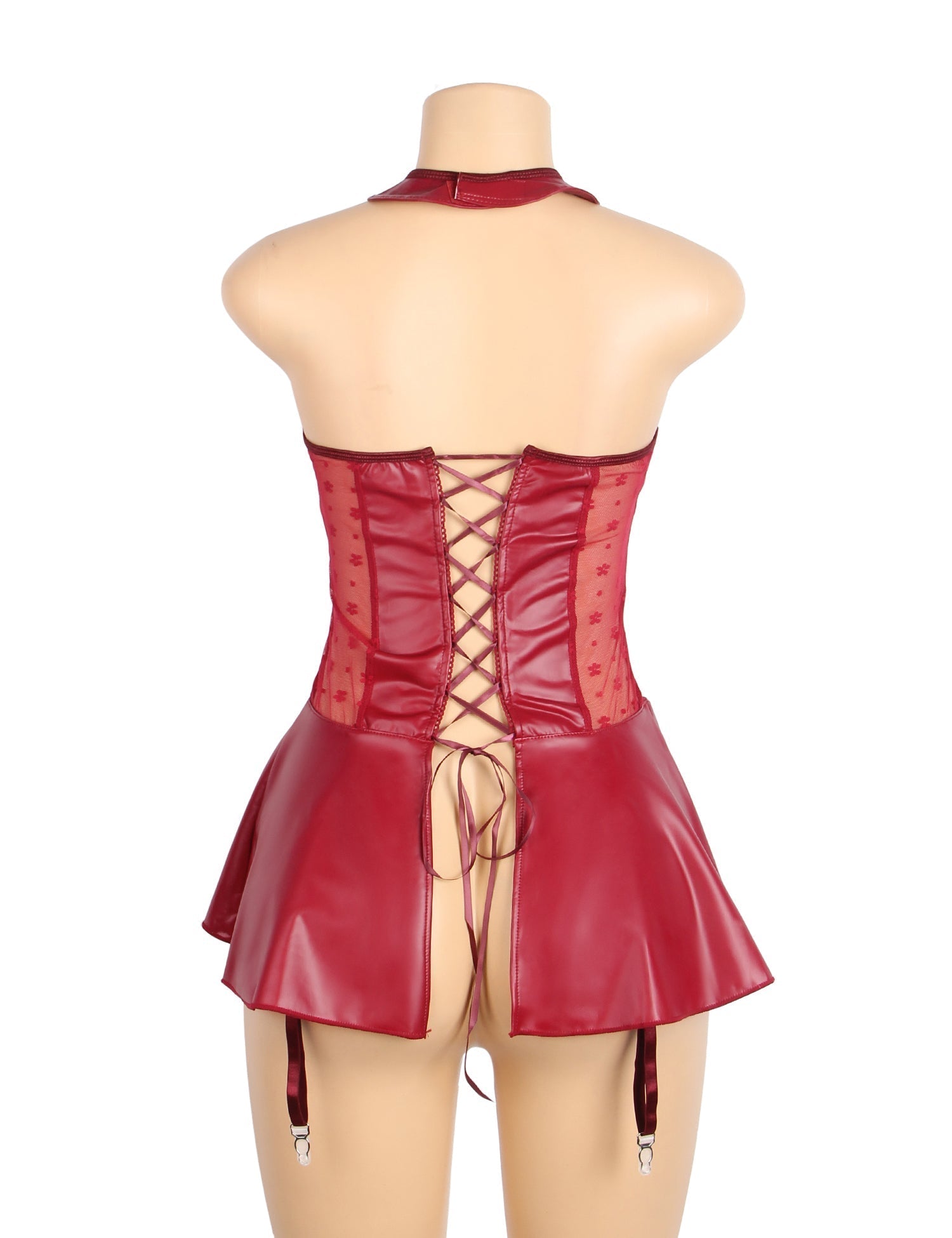 Red PU Leather Halter Garter Dress – Lace Mesh Waist Splicing, Front Zipper, Criss - Cross Ribbon Back & Ruffled Skirt - TeaseFashion