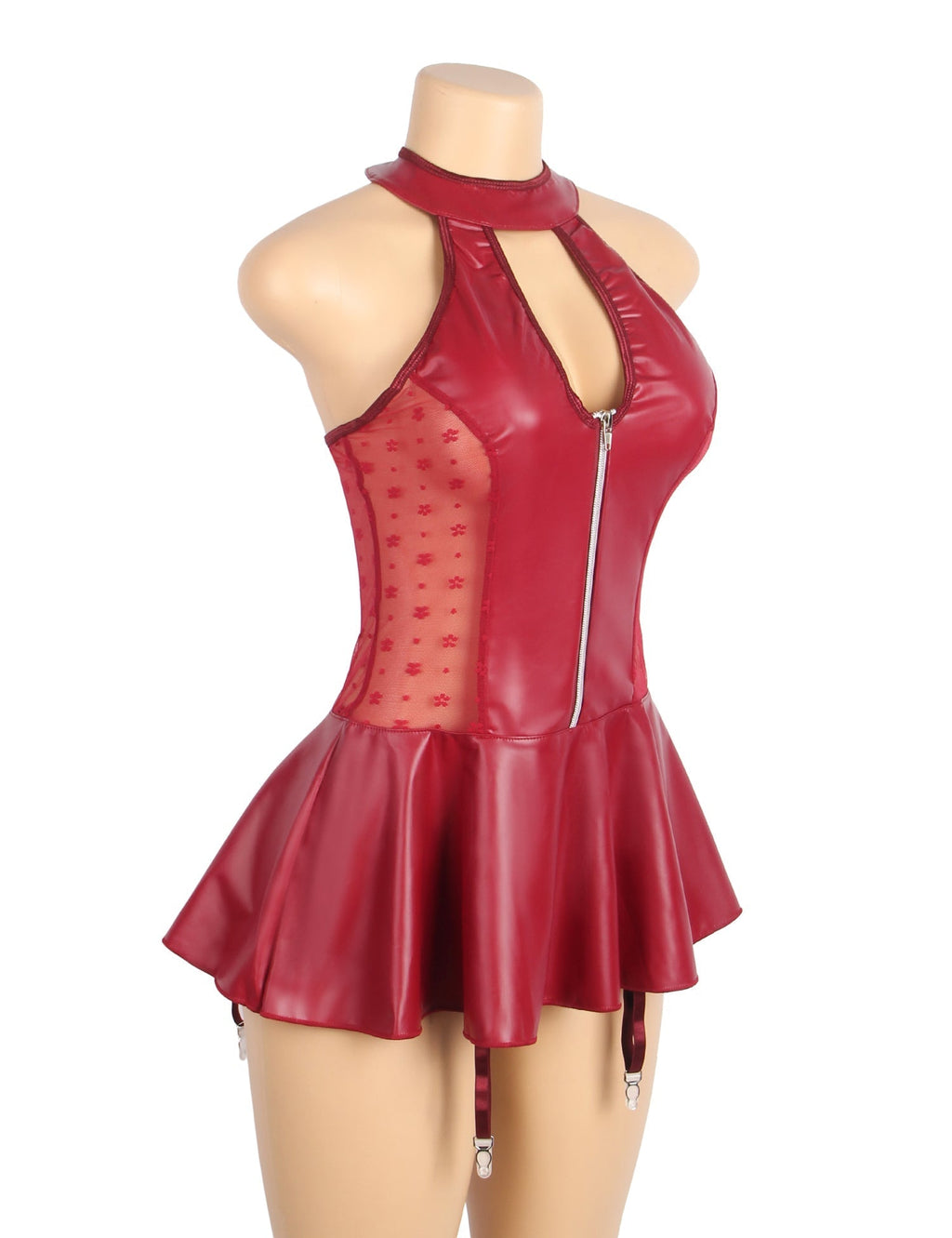 Red PU Leather Halter Garter Dress – Lace Mesh Waist Splicing, Front Zipper, Criss - Cross Ribbon Back & Ruffled Skirt - TeaseFashion