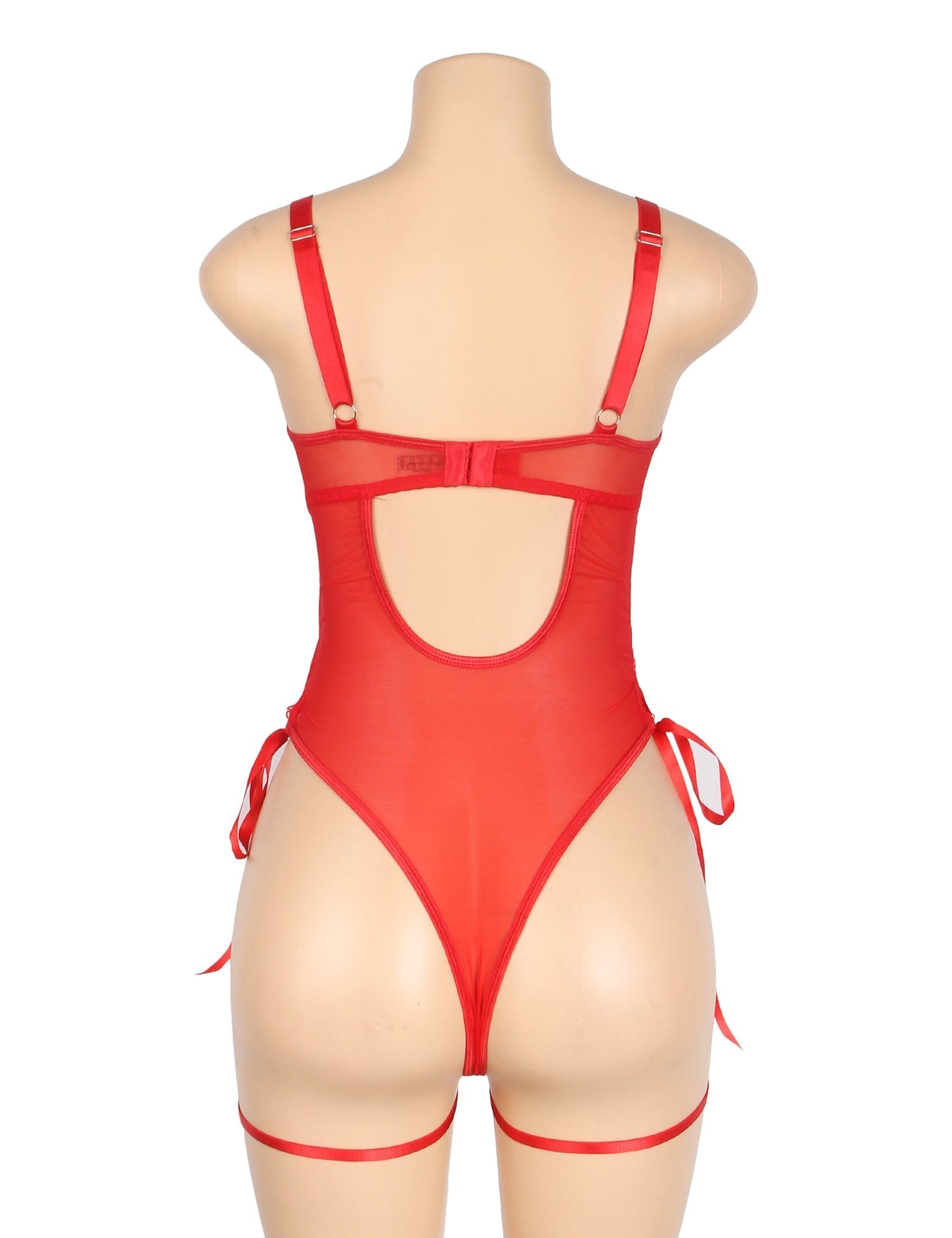 Red PU Leather Lace Mesh Garter Bodysuit – Heart Cut - Out, Bow Detail, Hollow Waist Straps, Garter Belt & Snap Crotch - TeaseFashion
