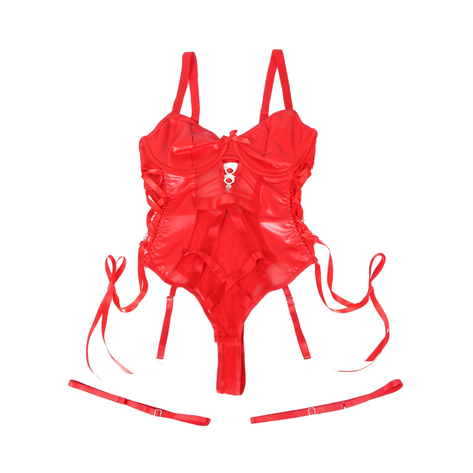 Red PU Leather Lace Mesh Garter Bodysuit – Heart Cut - Out, Bow Detail, Hollow Waist Straps, Garter Belt & Snap Crotch - TeaseFashion