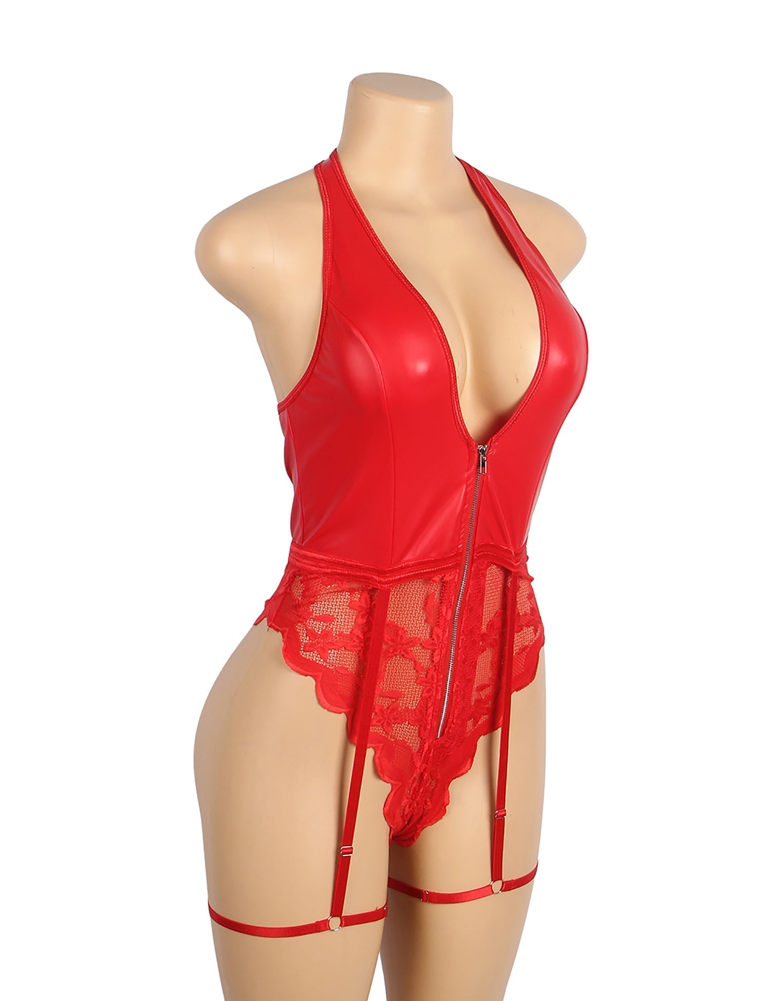 Red PU Leather Lace Mesh Halter Garter Bodysuit – Deep V - Neck, Backless Front, Centre Zipper & Leg Loops - TeaseFashion