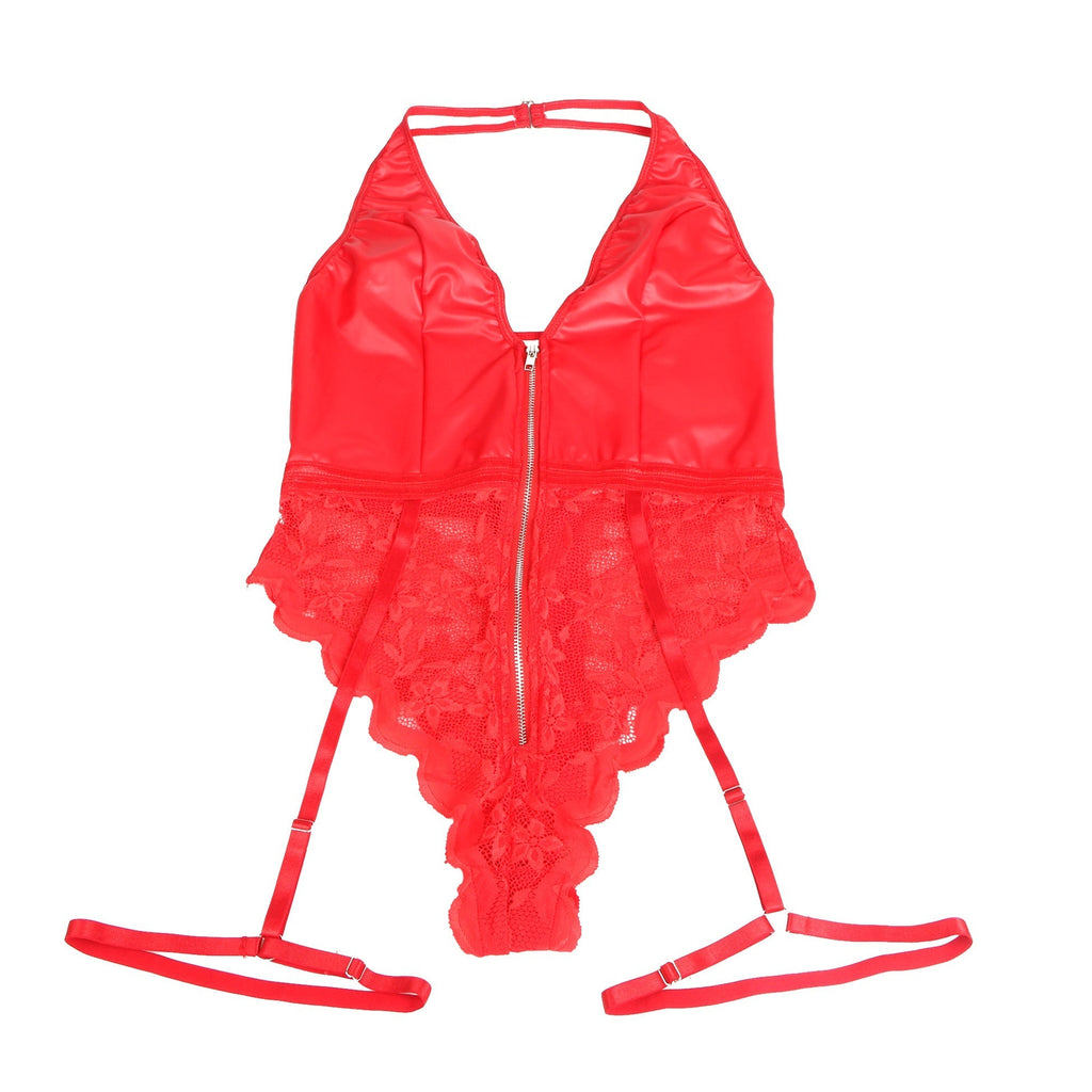 Red PU Leather Lace Mesh Halter Garter Bodysuit – Deep V - Neck, Backless Front, Centre Zipper & Leg Loops - TeaseFashion