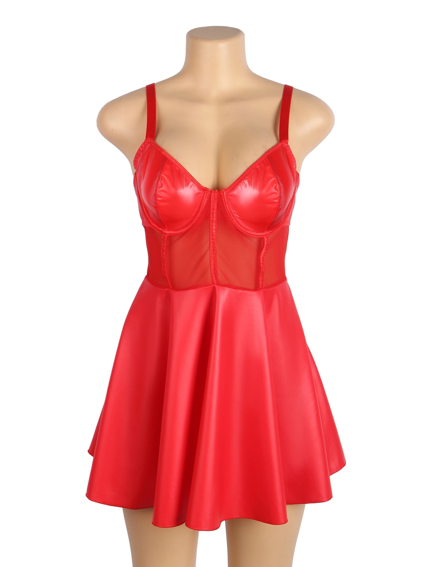 Red PU Leather Mesh Sexy Suspender Leather Nightdress - TeaseFashion