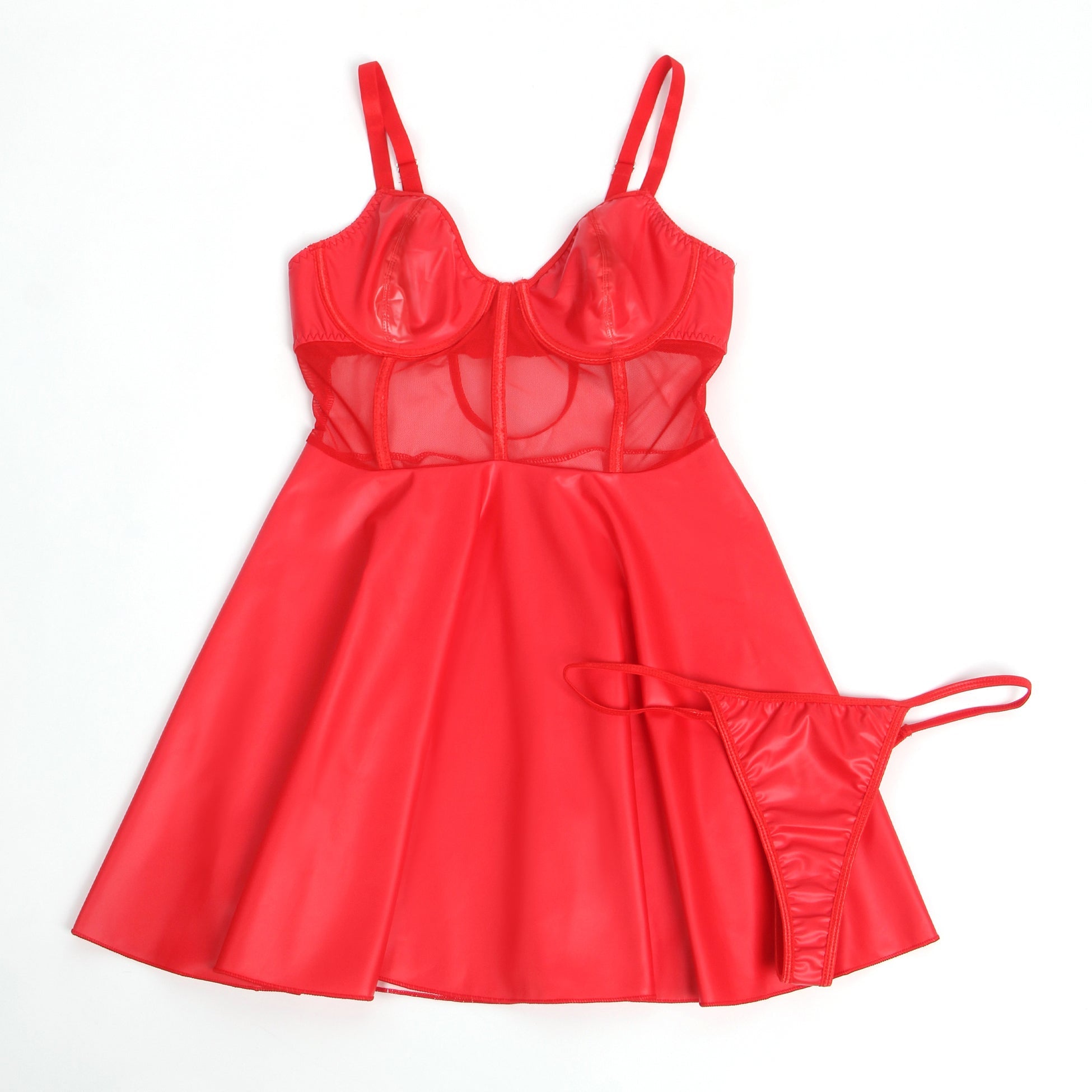 Red PU Leather Mesh Sexy Suspender Leather Nightdress - TeaseFashion