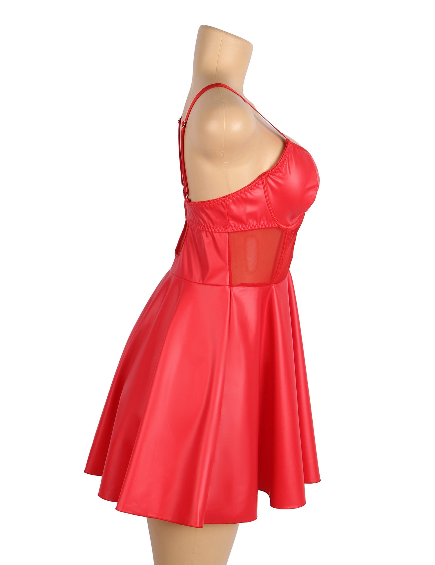 Red PU Leather Mesh Sexy Suspender Leather Nightdress - TeaseFashion