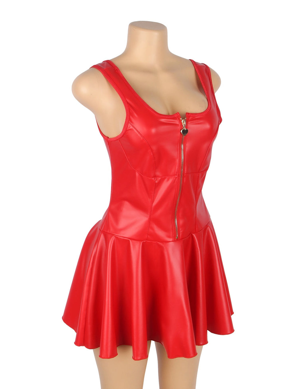 Red PU Leather Wide Shoulder Straps Heart Zipper Sexy Nightdress - TeaseFashion