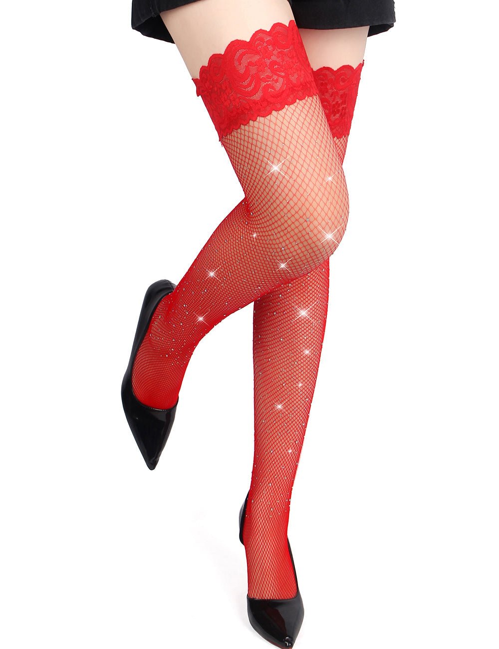 Red Rhinestone Fishnet Thigh - High Stockings with Lace Top & Dual Silicone Stay - Up Grip - TeaseFashion