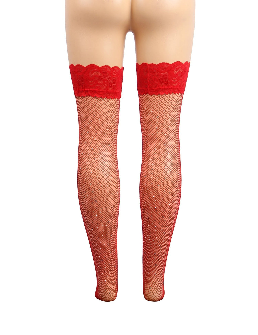 Red Rhinestone Fishnet Thigh - High Stockings with Lace Top & Dual Silicone Stay - Up Grip - TeaseFashion