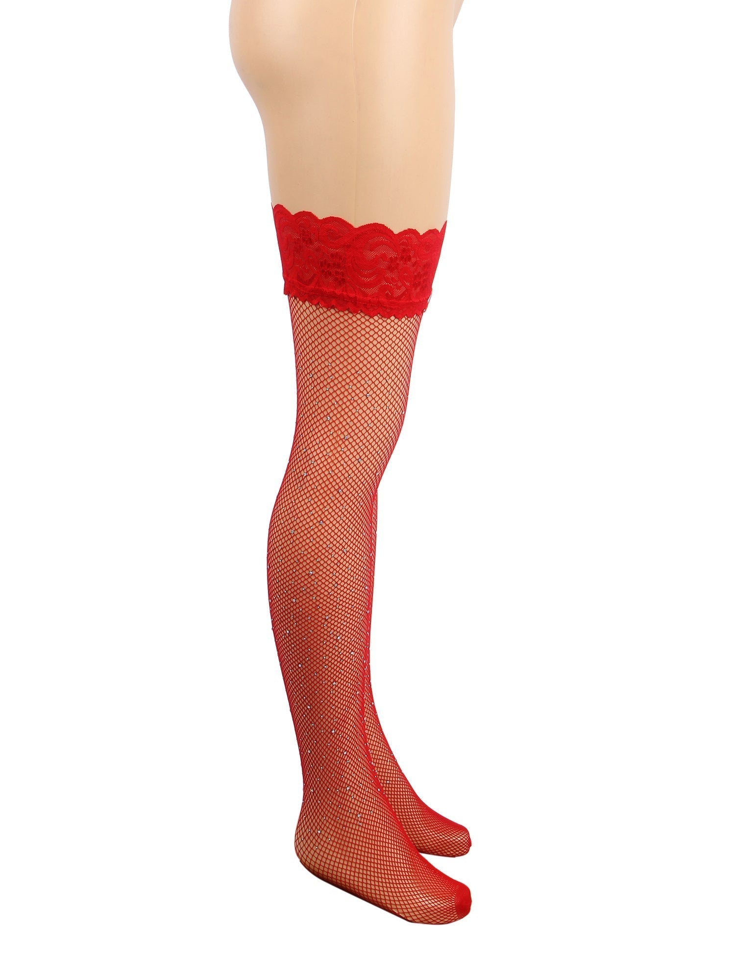 Red Rhinestone Fishnet Thigh - High Stockings with Lace Top & Dual Silicone Stay - Up Grip - TeaseFashion