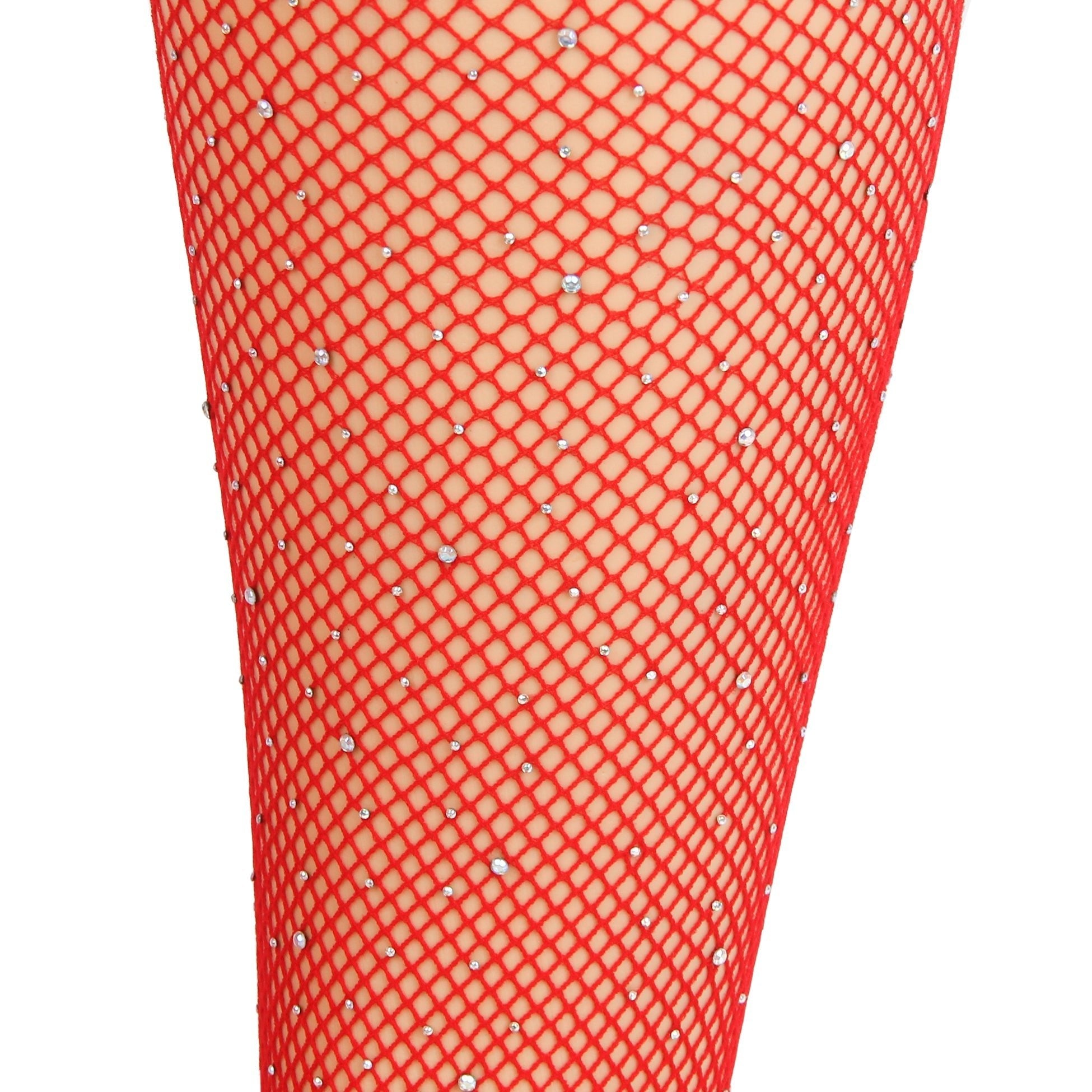 Red Rhinestone Fishnet Thigh - High Stockings with Lace Top & Dual Silicone Stay - Up Grip - TeaseFashion