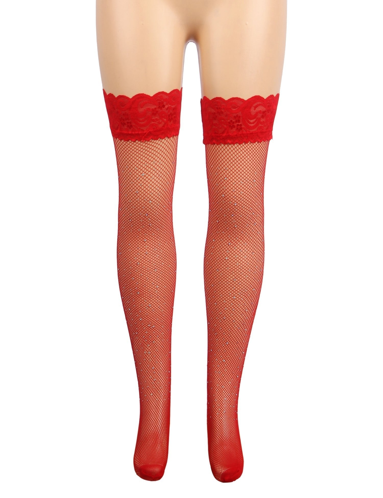 Red Rhinestone Fishnet Thigh - High Stockings with Lace Top & Dual Silicone Stay - Up Grip - TeaseFashion