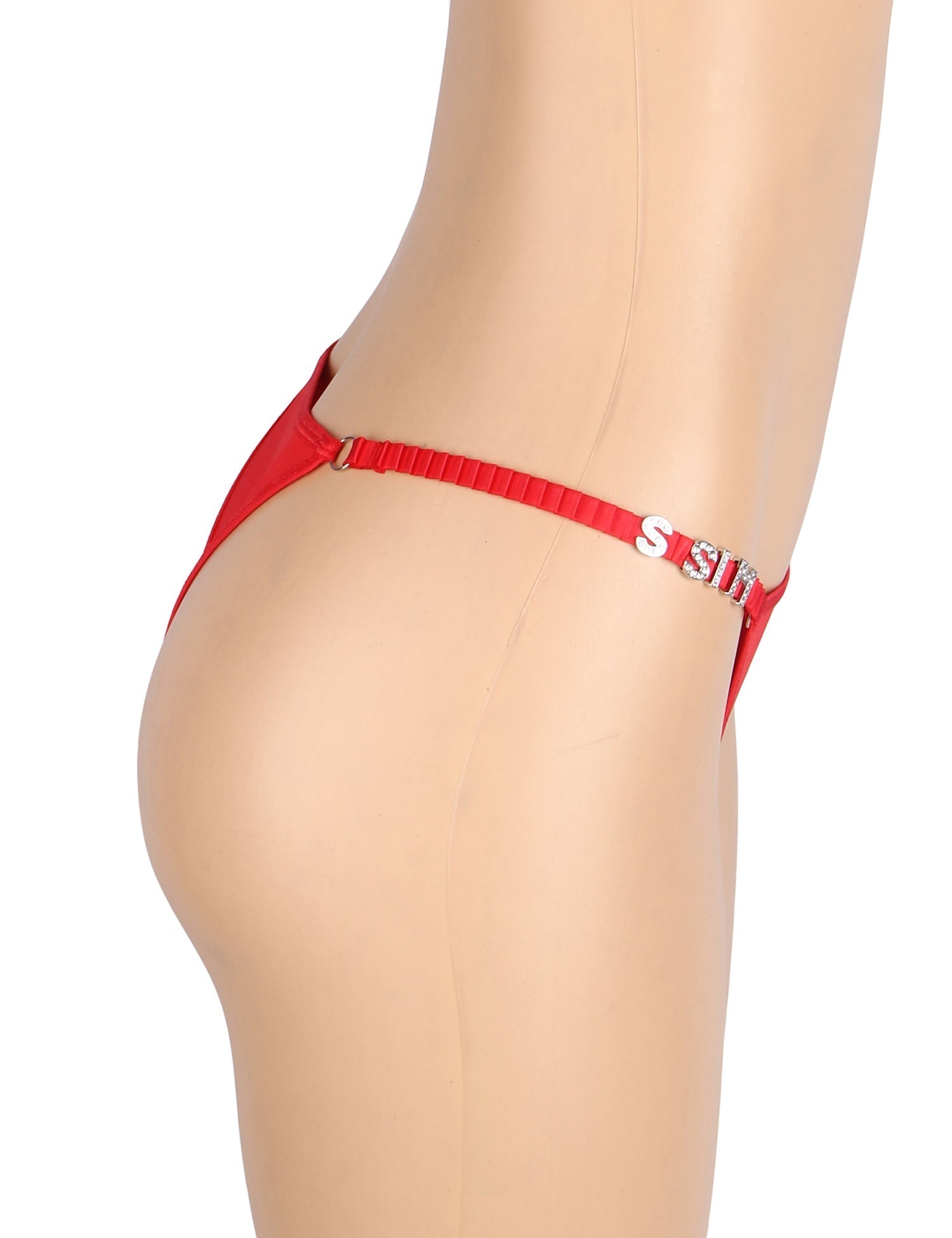 Red Rhinestone Letter Waistband T - Back Thong - TeaseFashion